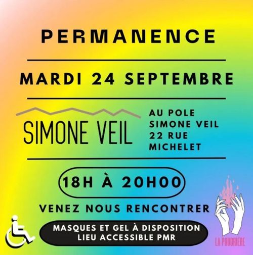 Permanence

Ce mardi 24 septembre au pôle Simone Veil
22 rue Michelet,
76600 Le Havre
de 18h à 20h00

Venez nous rencontrer
Masques et gel à disposition ⚕️
Lieu accessible aux Pmr ♿