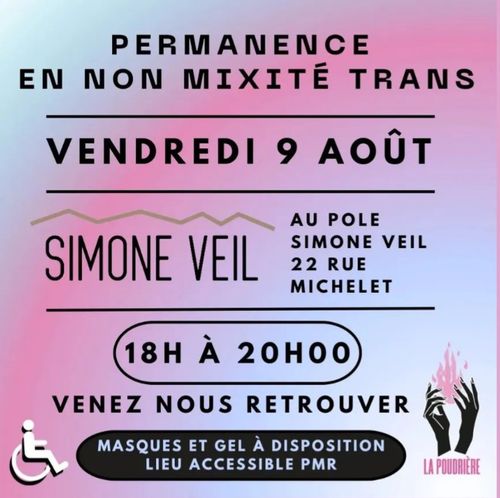 La poudrière organise sa permanence en non-mixitée trans
Vendredi 9 août de 18 à 20 heures
Au pôle Simone Veil, 22 rue Michelet, 76600 Le Havre
Venez nous retrouver
Masques et gel à disposition, lieu accessible PMR