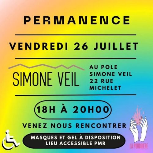 Permanence vendredi 26 juillet au pôle Simone Veille
Masques et gel à disposition
Lieu accessible PMR