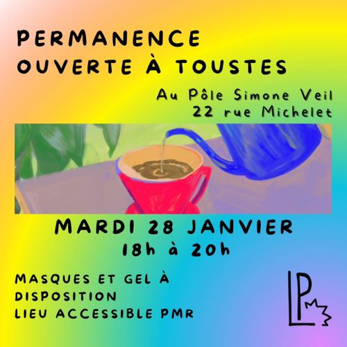 Permanence ouverte à toustes
Ce mardi 28 janvier au pôle Simone Veil
22 rue Michelet,
76600 Le Havre
de 18h à 20h00

Venez nous retrouver !

Masques et gel à disposition ⚕️
Lieu accessible aux Pmr*♿
*Personnes à mobilité réduite 